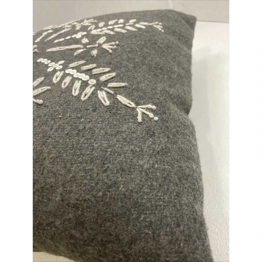 Vtg Pier 1 Beaded Flannel Pillow Gray Snowflake Beaded Sequin 15